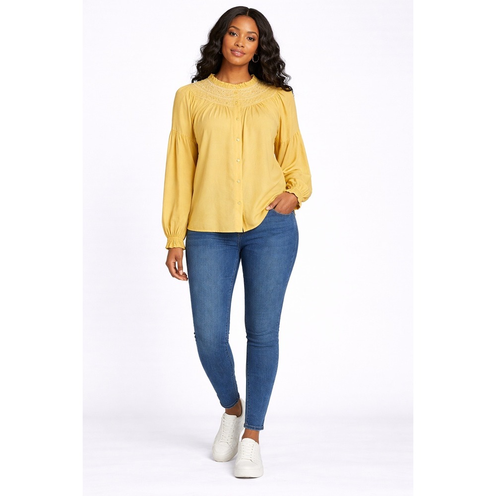a.n.a Women's Yellow Long Sleeve Blouse Size Small Smocked Yoke Button Front Top